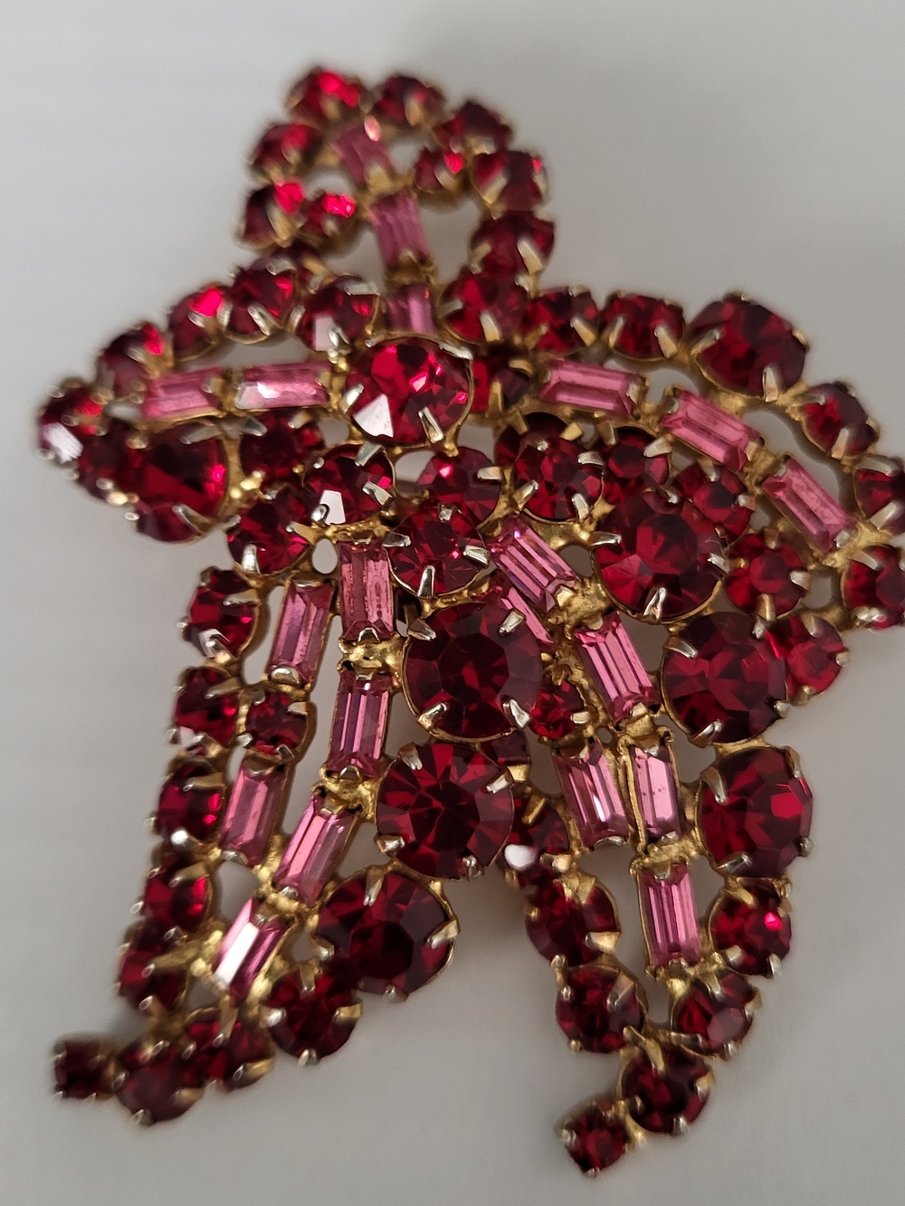 Vintage Kramer New York Red Rhinestone Leaf Brooch Signed